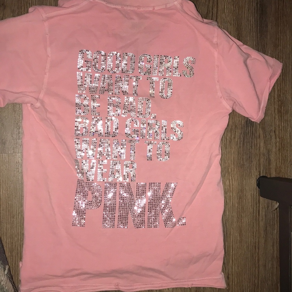 PINK destroyed polo with rhinestones